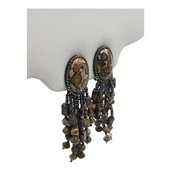 Brown Leopard Jasper Dangle Drop Boho Earrings Silver Tone Vintage - Picture 3 of 7